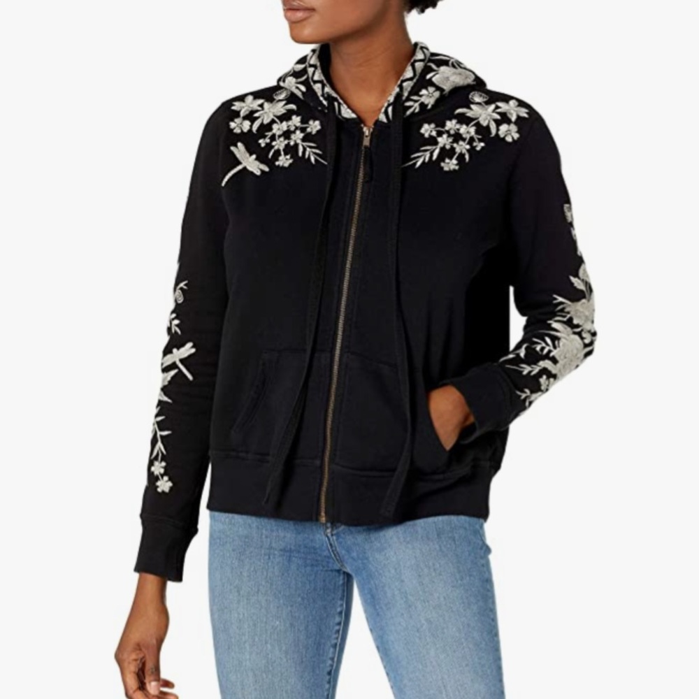 Johnny Was Embroidered Zip Front Hooded Jacket